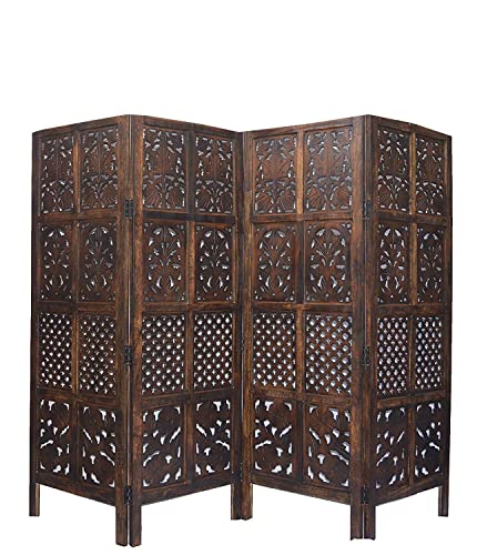 Image of Wooden Room Partition /Screen /Room Divider /Room Separator Burnt Wood Finish (Hand Buffing) Frame Traditional Handicrafts 6Ft Height (4 Panel 5 Feet)