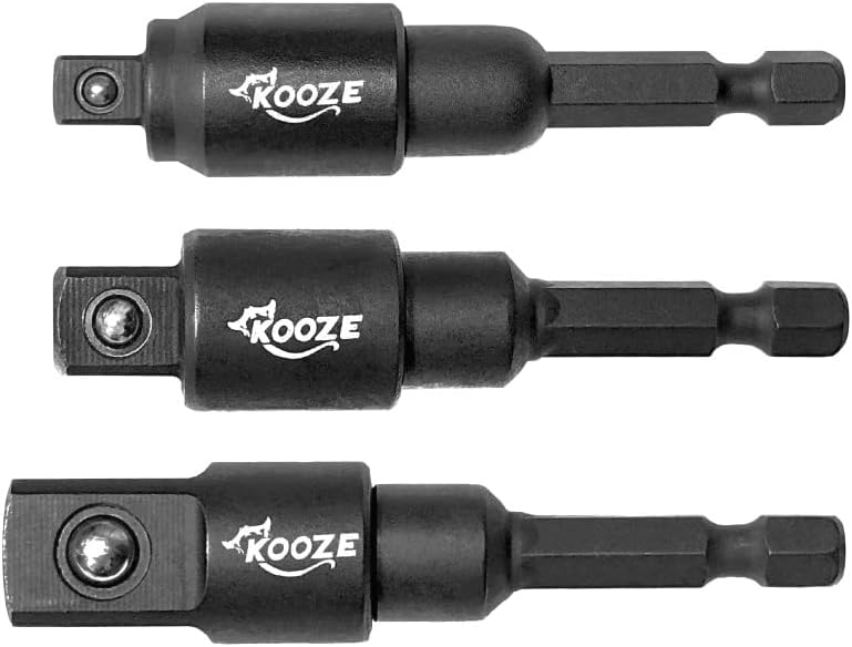 KOOZE SAD0301 3-Piece Impact Grade Socket Adapter Set, 1/4", 3/8", 1/2" Drive, Impact Driver to Socket Extensions, 20° Offset, 360° Rotation, S2 & 6150 Steel with Manganese Phosphate, Ball Detent.