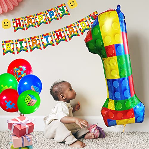 Image of 32 Inch Building Block Number 15 Balloons birthday Block Themed Large Big Helium Foil Mylar Balloon for Girls Boys Birthday Party Decoration Supplies