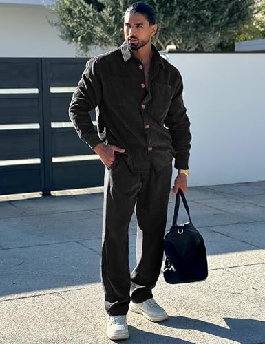 Men's 2 Piece Outfits Corduroy Casual Long Sleeve Shirt Pant Sets Fall Fashion Tracksuits3