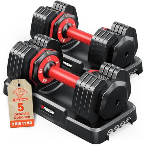 Rendpas 11kg/24.5kg Verstellbare Hanteln Set,1 Sekunde Schnell Verstellbar Kurzhanteln 2er Set mit Anti-Rutsch Griff,5 in 1 Gewichte Fitness Hantel Perfekt für Home Gym (Rot–2x11kg,Paar)