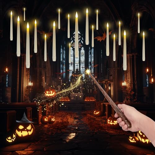 Homemory 20PCS Floating Candles with Wand Remote Flameless Hanging Taper Candle with Flickering Warm Light Battery Operated Magic Deco Candles for Halloween Christmas Birthday Indoor Decor