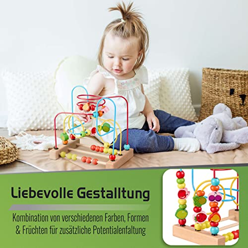 Balinco MOTORIKSCHLEIFE, Holzspielzeug Perlen Labyrinth mit Obstelementen & Perlenschieber. Baby Spielzeug 6 Monate