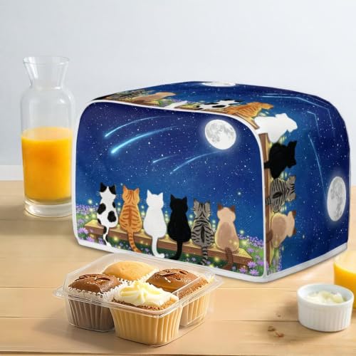 Image of Talayituse Starry Sky Cat Moon Print 2 Slice Toaster Dust Covers Kitchen Small Appliance Cover, Stain Resistant Dust Protection Bread Machine Cover with Top Handle, S
