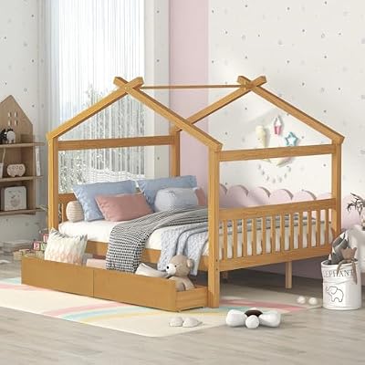 Full Size Wooden House Bed with Drawers, Natural