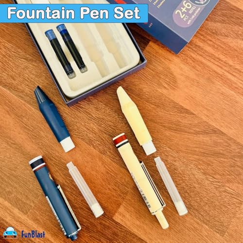 Image of FunBlast Fountain Pen for Students,Iridium Tip Nib Refillable Click 2 Pcs Fountain Pen with 6 Refills,Kawaii Stationary Gift for Office,School Stationery Items for Kids(Oxford),Ink Color-Multicolor