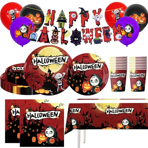 MORAINJAY 88 Pezzi Set Stoviglie Halloween di Carta,Rosso e Nero,Decorazioni Tavola per Halloween Feste con Piatti,Bicchieri,Tovaglioli,Tovaglia,Banderone e Palloncini,Servizio per 16 Ospiti