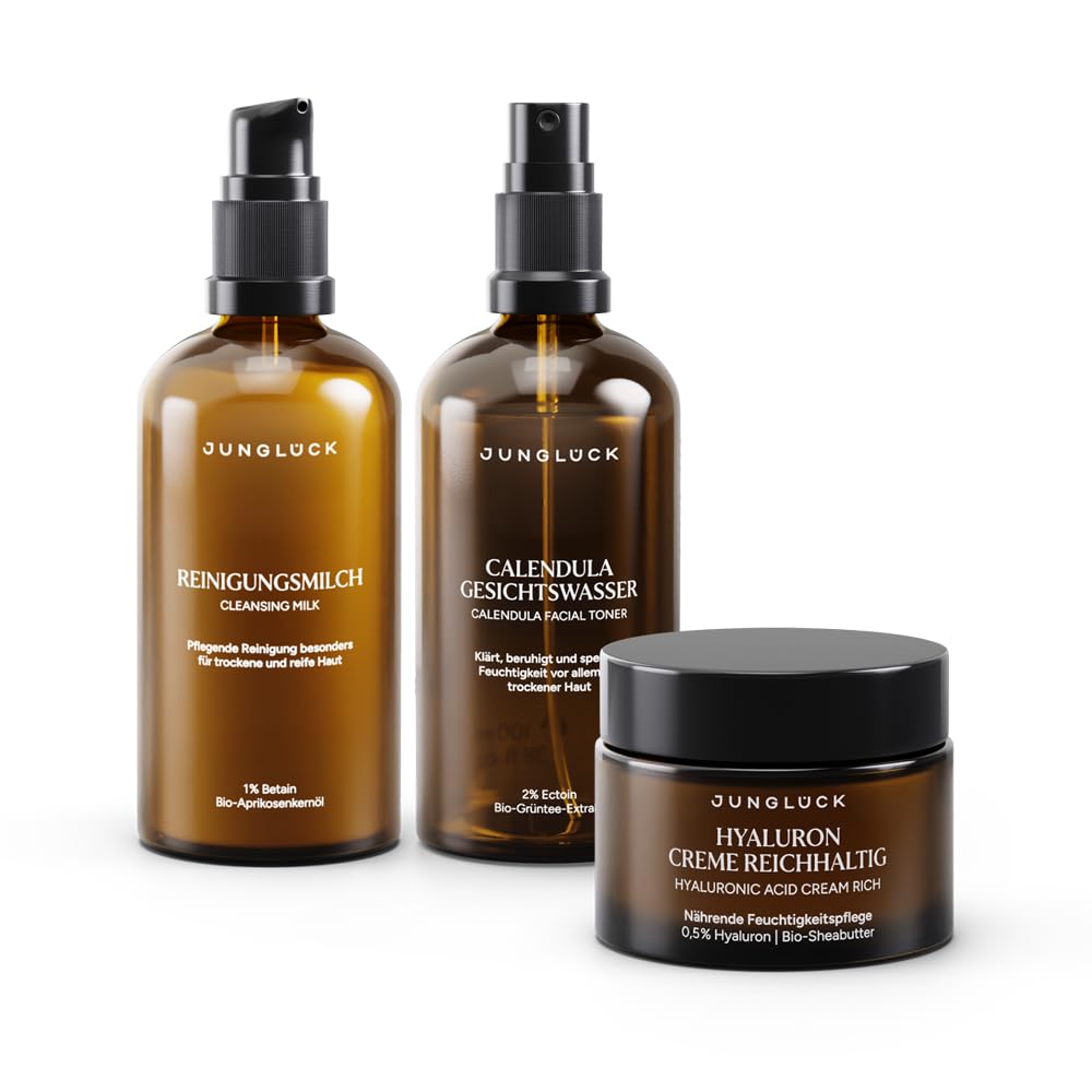 JUNGLÜCK Basis-Pflege Trockene Haut | Reinigungsmilch + Calendula Gesichtswasser + Hyaluron Creme Reichhaltig – feuchtigkeitsspendend & nährend