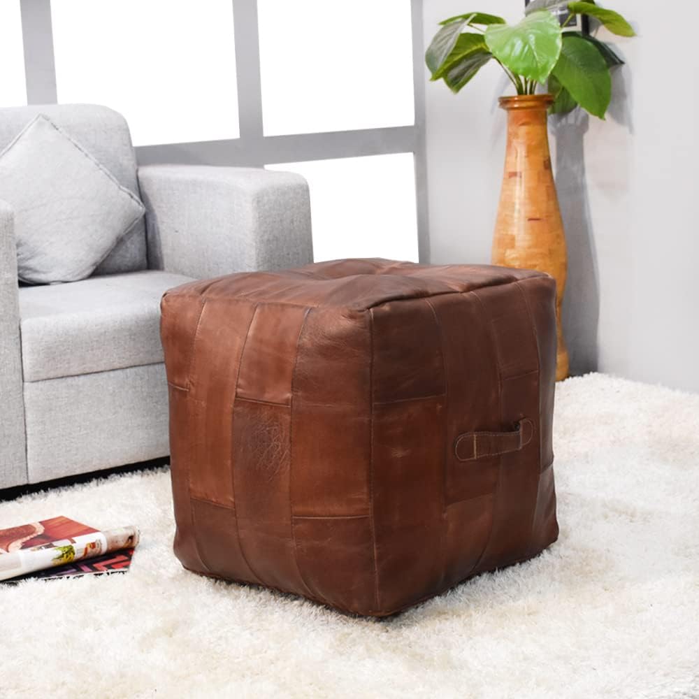 Rugsotic Carpets Square Shaped Buffalo Leather Handmade Eco-Friendly Brown Pouf - 18"x18"x18", Plain Solid Ottoman, Recycled Foam with Fibre Filled Stuffed Seating Pouf PF25