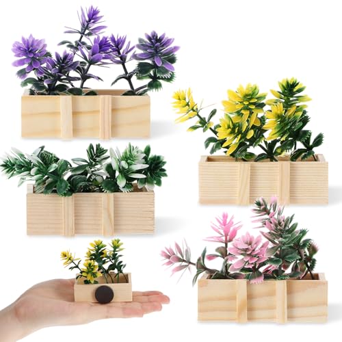 4 imanes de madera flor en maceta 3D para refrigerador miniatura 1