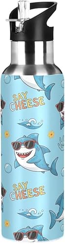 Botella de agua aislada de 20 onzas, botella de agua deportiva sin BPA para gimnasio, viajes al aire libre, escuela, lindo tiburón de dibujos