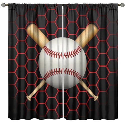Sports Blackout Curtains, Cool Baseball Bat Baseball Prin Pattern Window Drapes, for Kid Boys Teen Men Living Room Bedroom 31.5(W)*72(L) 2 Panels