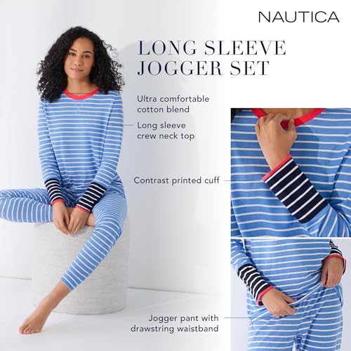 Nautica Striped Lightweight Cotton Pajama PJ Set for Women, Womens Long Sleeve PJs Pajamas Crewneck Shirt & Jogger Pants Sets3