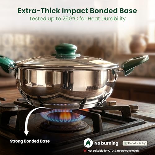 Image of The Indus Valley Stainless Steel Impact Bonded Bottom Cookware Set of 5 | Kadai 22cm with Glass Lid + Fry Pan 22cm + Saucepan 16cm with Glass Lid | Green Handles | Induction Compatible