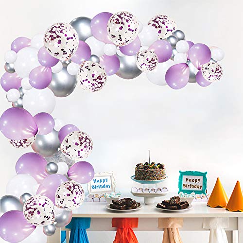 Arco Palloncini Bianchi Viola Argento Pastello 102 Elio Kit Ghirlanda Palloncini Coriandoli con 5m Nastro Palloncino per Bambina Compleanno Matrimonio Battesimo Bimba Laurea Decorazioni per Feste
