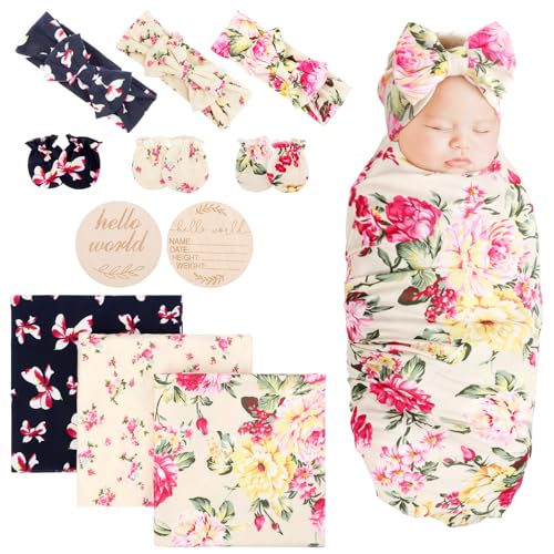 Image of DRESHOW BQUBO Baby Girl Newborn Receiving Blanket Newborn Baby Swaddling Blanket with Headband and Mittens Set Swaddle Nursery Toddler Warm Shower Gift 3 Pack