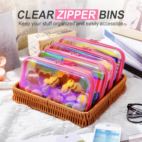 Image of Hoolerry 4 Pcs Hard Clear Zipper Case Makeup Bags Plastic Zipper Pouch Transparent Storage Box Containers for Cosmetics, Snacks, Building Blocks, Puzzles(Clear,7.5 x 3.9 x 2 in,Pink Laser)