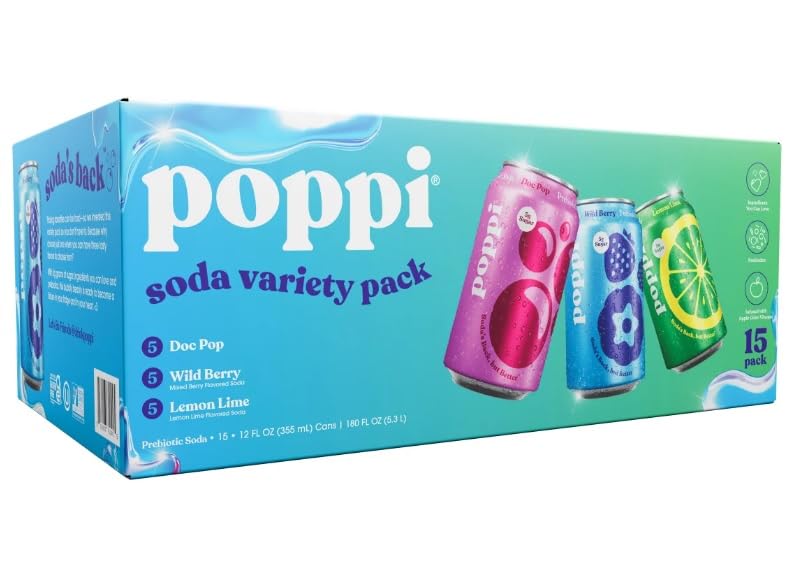Popi Prebiotic Soda, Variety Pack, 12 fl oz, 15-count