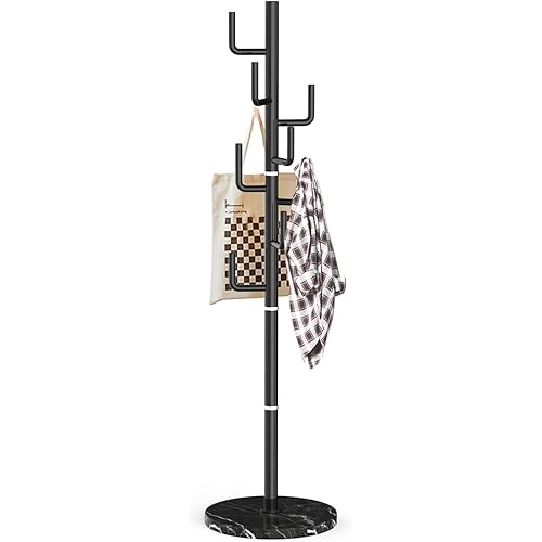 Modern Metal Coat Rack Stand with Natural Marble Base, Heavy Duty Coat Rack Freestanding with 8 Hooks, Black Cactus Standing Coat Racks for Bag, Jacket, Entryway Office (Black Cactus)