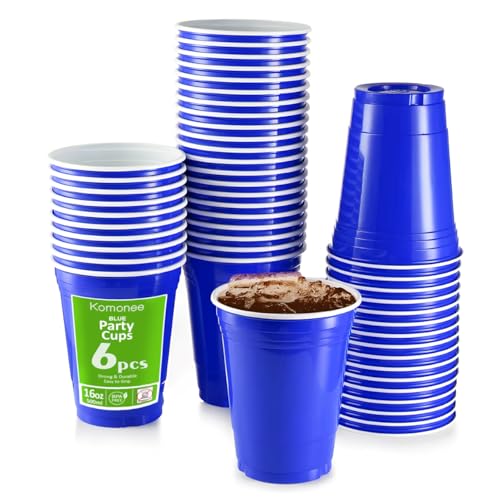 Komonee Blue Cups 16oz 500ml Wide Rimmed Disposable American Superbowl Party Cups USA Adult Novelty Plastic Glass 6pc