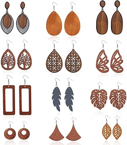 LOLIAS 12 Pairs Wooden Dangle Earrings for Women African Earrings Natural Wood Teardrop Earrings Ethnic Statement Geometric Lightweight Pendant Drop Earrings