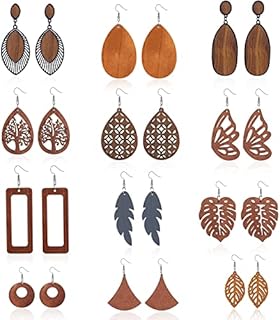 LOLIAS 12 Pairs Wooden Dangle Earrings for Women African Earrings Natural Wood Teardrop Earrings Ethnic Statement Geometric Lightweight Pendant Drop Earrings