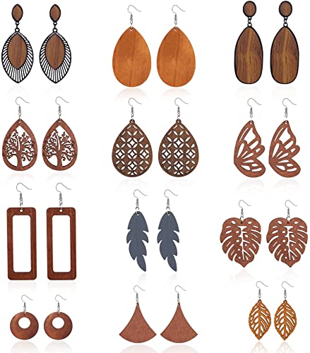 LOLIAS 12 paires de boucles d'oreilles en bois pour femmes Boucles d'oreilles en bois naturel Boucles d'oreilles géométriques légères pendantes Boucles d'oreilles de style ethnique A