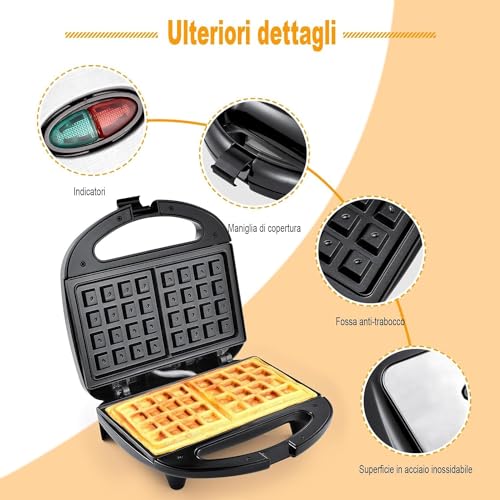 YASHE Macchina per Waffle, Piastra per Waffle Antiaderente, Waffle Maker Elettrico, 750W, Temperatura Automatica, Indicatori LED, Senza BPA, Nero - immagine 5