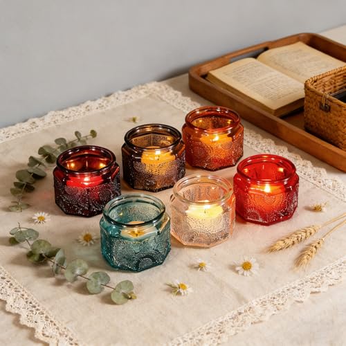 Ayuanb 6 Colorful Glass Tea Light Candle Holders, Glass Tealight Holder for Table Centerpiece, Votive Candle Jars for Wedding, Birthday Party, Home Décor
