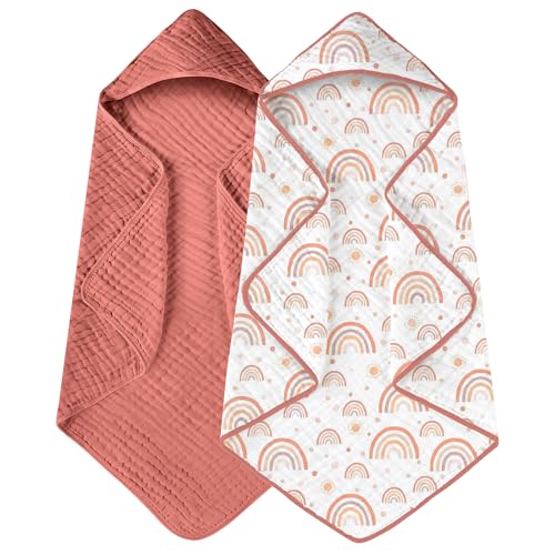 Image of Yoofoss Hooded Baby Towels for Newborn 2 Pack 100% Muslin Organic Cotton Baby Bath Towel with Hood for Babies, Infant, Toddler and Kids, 32x32Inch, Soft and Absorbent Newborn Essential,Pink Rainbow