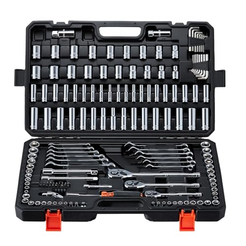 Image of VEVOR Mechanics Tool Set, 159-Piece Mechanic Tool Kit, 1 /4 in, 3 /8 in, and 1 /2 in Drive, SAE and Metric Socket Set, Wrenches, Screwdriver Bits, Accessories, and Storage Case, for Automotive Repair