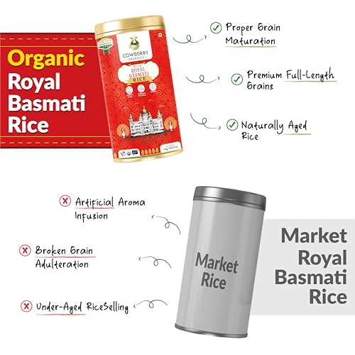 Image of COWBERRY Organic Royal Basmati Rice /Extra Long Grain 1 kg, Aged 2 Years Premium 18-20mm Cooked | NPOP India, NOP USDA, EU Organic Certified | Lab-Tested 252+ Chemicals & Glyphosate Free