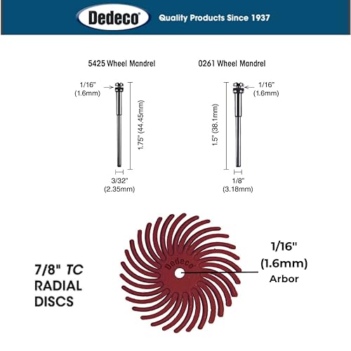 Miniatura 127 de Dedeco Sunburst - Discos de cerdas radiales (12 unidades, 7/8 pulgadas, curvados, grano 1400 durazno (extrafinos, 6 micrones), óxido de aluminio