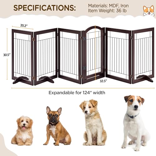 Image of Yaheetech 32 inchH 6-Panel Extra Wide Freestanding Dog Gate For Stairs Doorways | Sturdy Construction, Durable Support Feet, Tool-Free Setup, Fold Flat Barrier Ideal for Small /Medium Dogs, Espresso