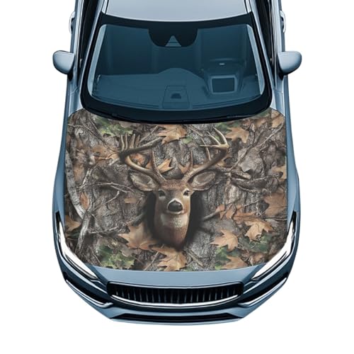 Image of Camo Hunting Deer Car Hood Cover Protector Breathable Elastic Fabrics All-Season Protection Auto Hood Decoration and Protection for Most Sedans Small SUV Truck