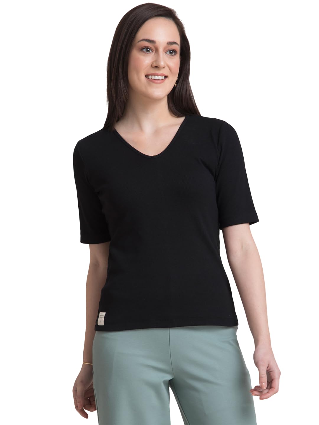 fablestreet Women's Livin Stretchable V-Neck T-Shirt - Black-picture-42