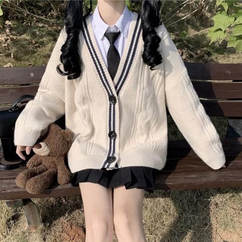 Women's Cardigan Sweater Japanese V-Neck Button Knit Sweater Girl Loose JK Uniform Long Sleeved Pocket Jacket3