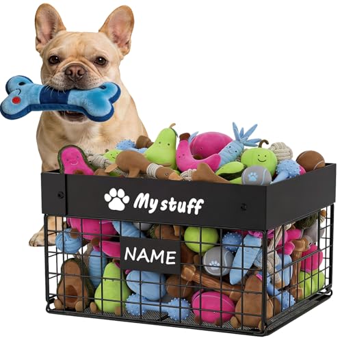 Kaiferty Indestructible Large Dog Toy basket Chew-Proof Medium Toy Bin for Dogs Pet Toy Bin Dog Metal Basket for Toys Puppy Toy Storage Organizer Blankets Toy Box for Living Room Area (Black)