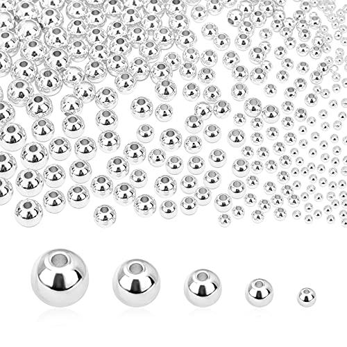 PH PandaHall 5 Sizes Smooth Round Beads 300pcs 14K Silver Plated Beads Little Round Bead Seamless Ball Bead Long-Lasting Spacers for Hawaii Layered Bracelet Necklace Jewelry DIY Crafts 2/3/4/5/6mm