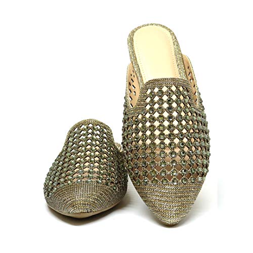 Sapatilha Mule Feminino Rasteira Sandália Diamantada (38, Dourada)