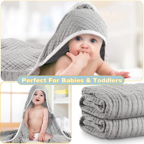 Muslin Cotton Hooded Baby Bath Towel Sets Large 32 X 32 Inch Soft Unisex Bath Towels Bulk For Babies, Toddler, Infant, Newborn, Baby Gifts For Girl Boy (Light Gray, 2 Pieces) #TOP4