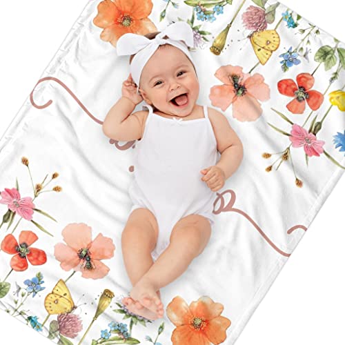 Image of Personalized Swaddle Baby Blankets with Name Plants Flowers, Customized Floral Nursery Blanket for Girls, Newborn Shower Gifts for Baby Girl, Easter Birthday Gifts for Kids Girls