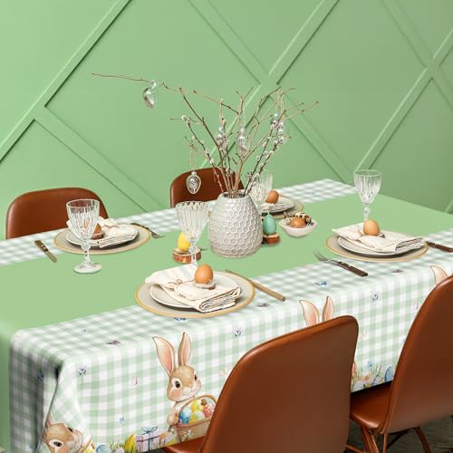 Image of QZYL 3 Pack Easter Tablecloths, 54 inch x 108 inch Disposable Easter Decorations, Sage Green Bunny Plaid Spring Tablecloth, Rectangle Plastic Easter Table Cloth with Easter Party Decorations Supplies Favors