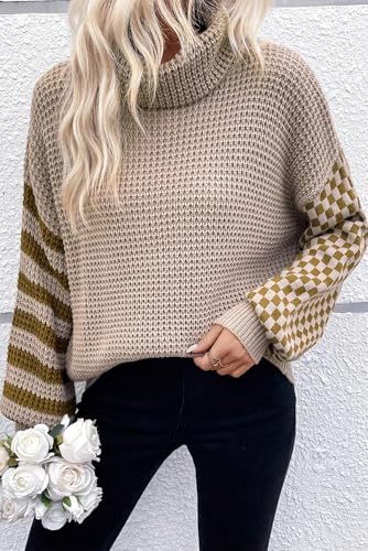 Women's Smoke Gray Striped Plaid Patchwork Waffle Knit Turtleneck Sweater2