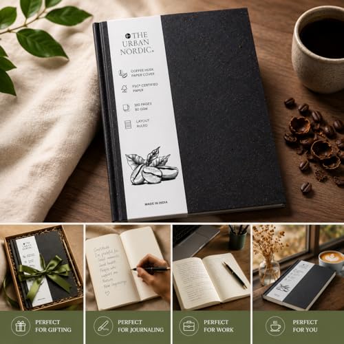 Image of Eco Friendly Black Notebook A5 | Tree-Free Coffee Husk Paper Cover Journal | FSC Certified College Ruled Recycled Pages | Premium Minimal Diary for Office, Work & Gifting