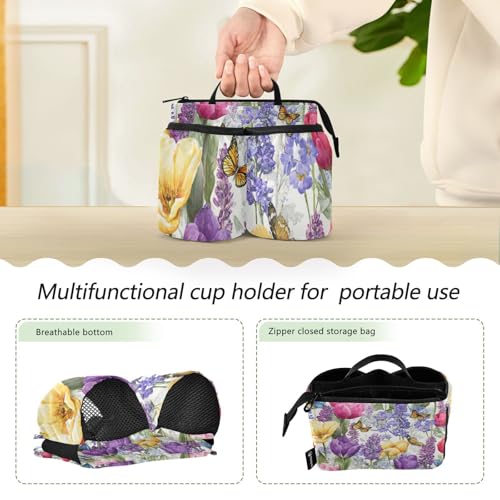 Image of Luggage Cup Holder for Suitcases Free Hands Suitcase Cup Holder Travel Luggage Drink Holder Portable Luggage Cup Caddy Bag Carrier with Handle Tulips Lavenders Purple Butterfly