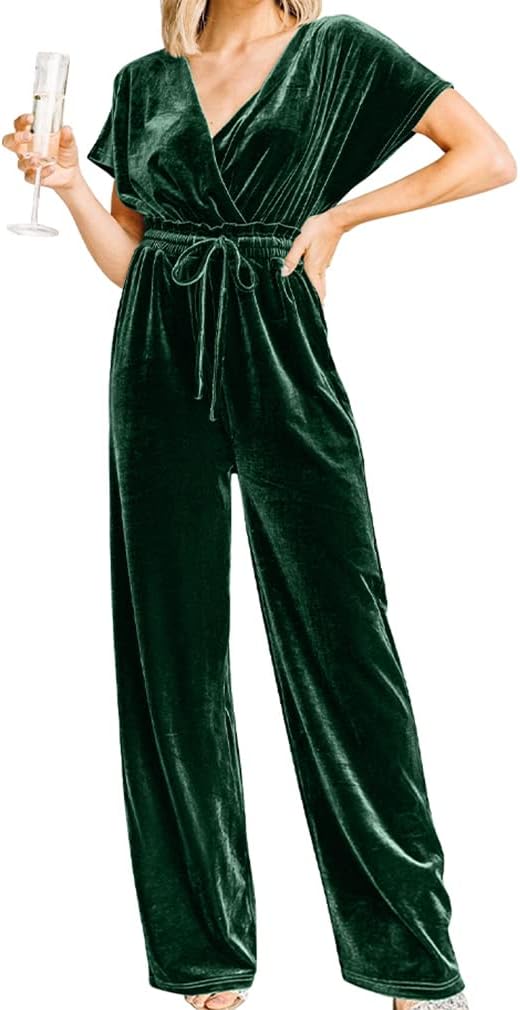 YMDUCH Women’s Casual Short Sleeve Belted Long Wide Leg Pant One Piece Jumpsuit