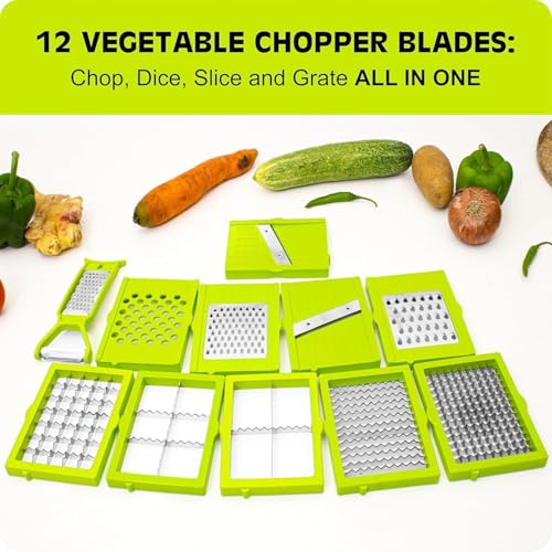 Image of 12 in 1 Multipurpose Chopper, Fruits & Vegetable Cutters, Grater Peeler Chipser, Unbreakable Food Grade Body, Easy Push to Clean Button Slicer Dicer, Chopper for Kitchen