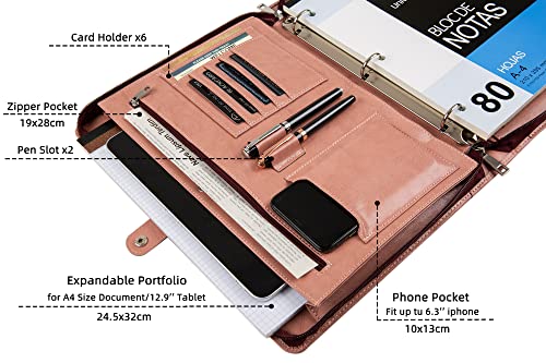 Vegan Leather Portfolio Binder, 3 Ring Binder Padfolio For Women, Pink Leather Binder Leather Folder, Handmade Portfolio Oranizer, Personalized Resume Portfolio Folder (Pink, Non-Custom) #TOP2