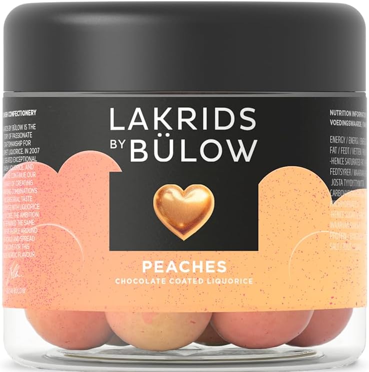 LAKRIDS BY BÜLOW - Peaches - 4.4 oz - Chocolate Coated Gourmet Licorice - Sweet Licorice Core Coated in White Chocolate & Peach